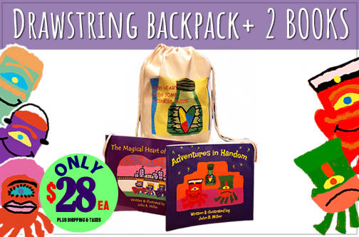 Land of Handom - Drawstring Backpack plus 2 books
